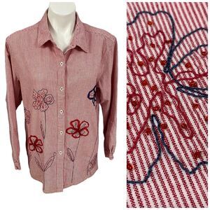 Bobbie Brooks Shirt Womens Large Button Up Top Red Stripe Floral Cottage Coastal